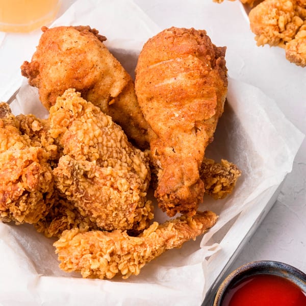 Crispy fried chicken pieces and tenders in a white paper-lined tray, with dipping sauce.