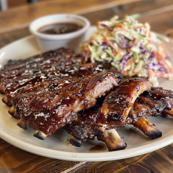 A plate of glistening BBQ ribs with a side of coleslaw and dipping sauce.