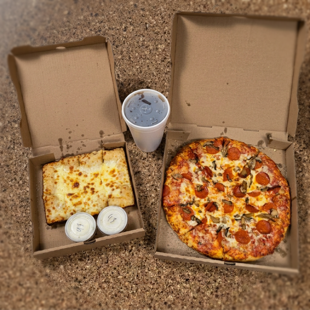 One large two topping, super styx and 2 liter.